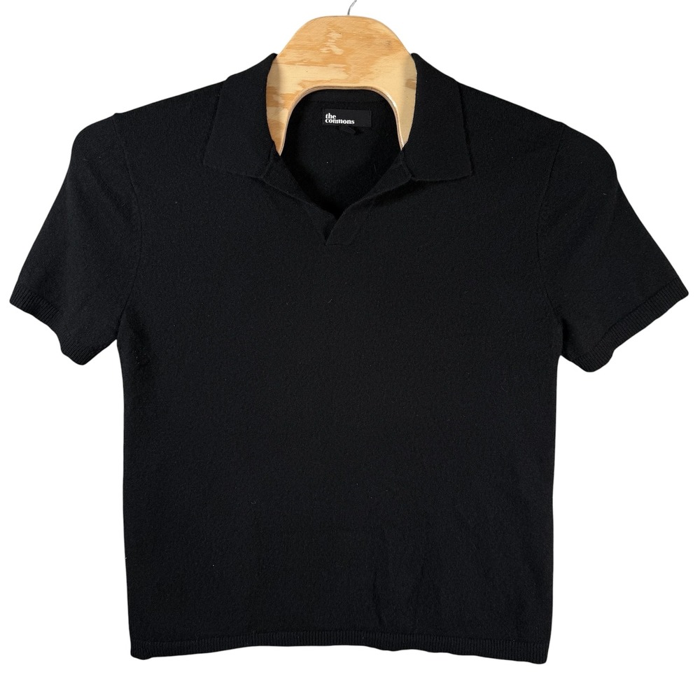 the commons Cashmere Knit Polo Shirt Mens Large Black Short Sleeve Johnny Collar